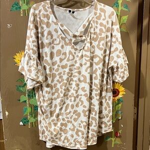 Elegant Cream and Tan Leopard Print V-Neck Blouse
